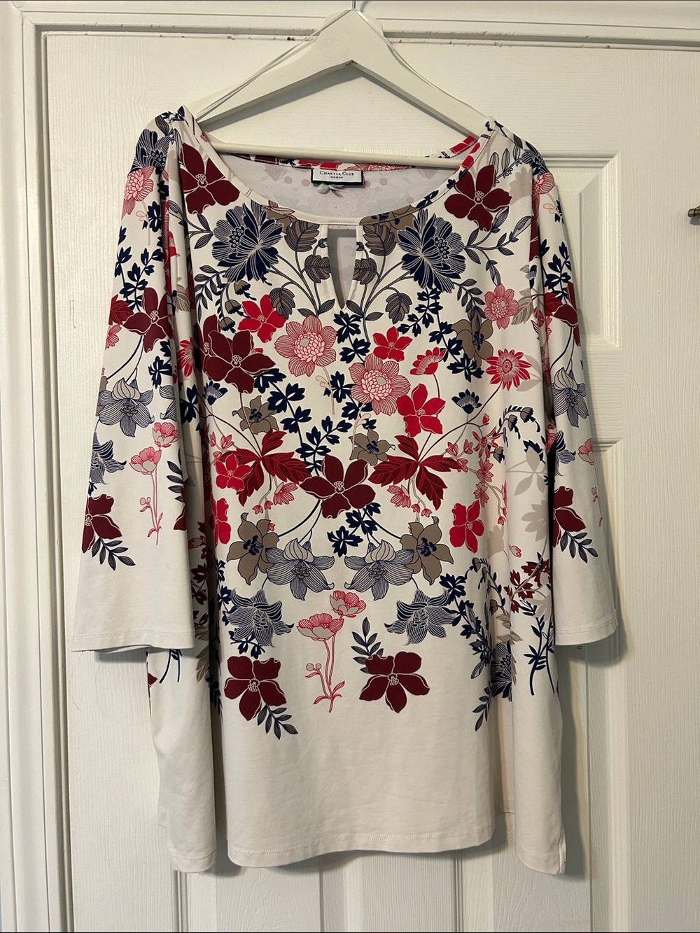 Charter Club Cream Floral Keyhole Tunic with Red and Navy Accents